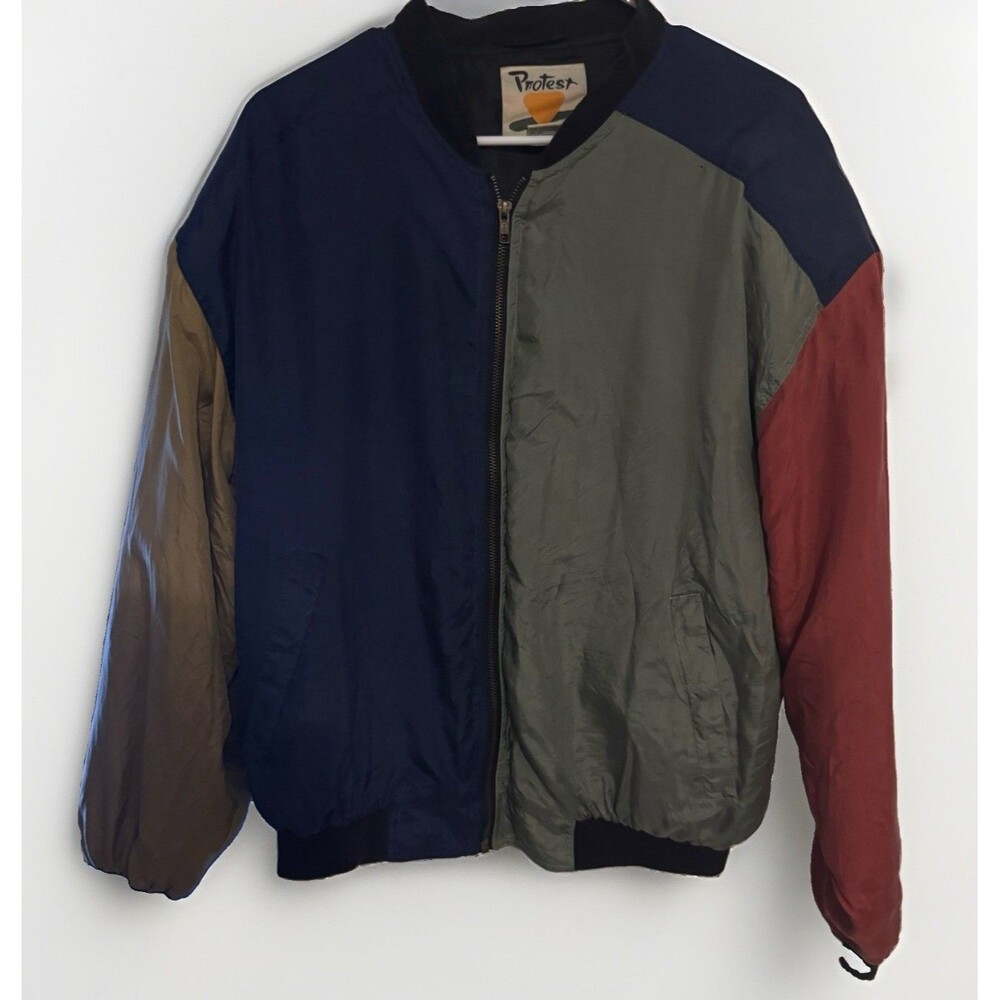 Vintage Protest Silk Bomber Jacket Men’s S Navy Green Red Tan 80s 90s Colorblock